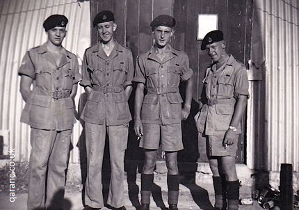 Eric Solly, John Wood, Brian Plant and Albert Eyers outside Nissen Hut September 1958
