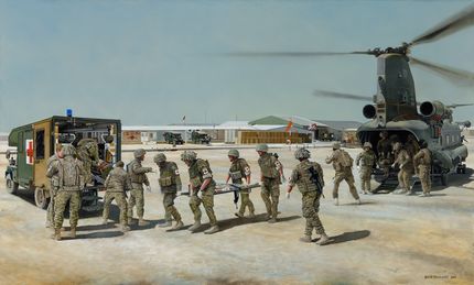 Casualties arriving Chinook Medical Emergency Response Team Role 3 Hospital Camp Bastion transferred by MERT at helicopter landing site codenamed Nightingale