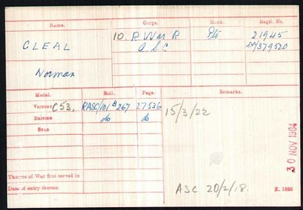 Medal Card World War One Norman Cleal